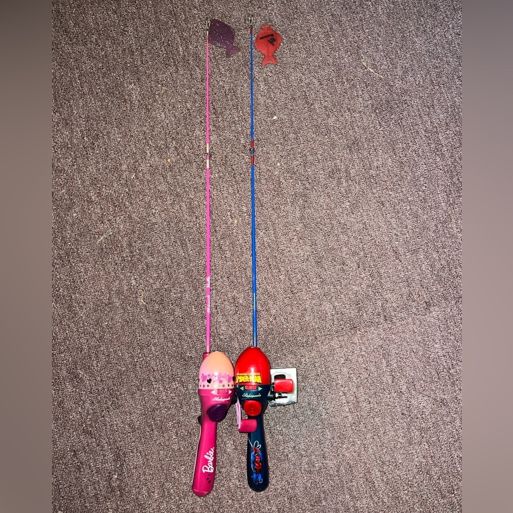 Shakespeare Spider-Man  And Barbie Fishing Poles W/Shakespeare Fish Lures